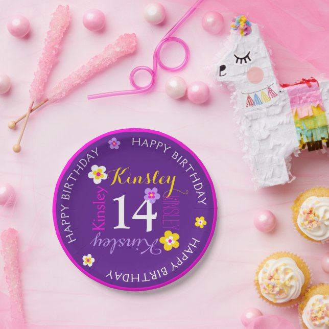 Assiettes En Carton Fleur nom personnalisé âge 14e anniversaire violet (Fête)