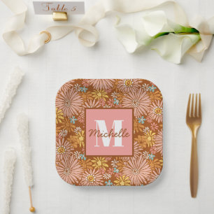 Assiettes En Carton Fleur rétro été   Plaques de papier monogramme