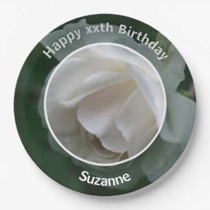 Assiettes En Carton Fleur Rose blanche Personnalisée Joyeux Anniversai