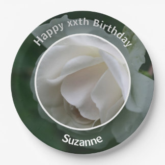 Assiettes En Carton Fleur Rose blanche Personnalisée Joyeux Anniversai