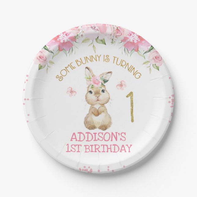 Assiettes En Carton Fleur rose Bunny Or Bunny un premier anniversaire (Devant)