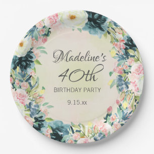 Assiettes En Carton Fleur rose crème sarcelle 40e anniversaire femme 