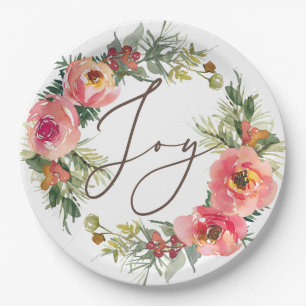 Assiettes En Carton Fleur rose et couronne de pin   Joy Christmas Part