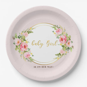 Assiettes En Carton Fleur rose et or baby shower fille bébé