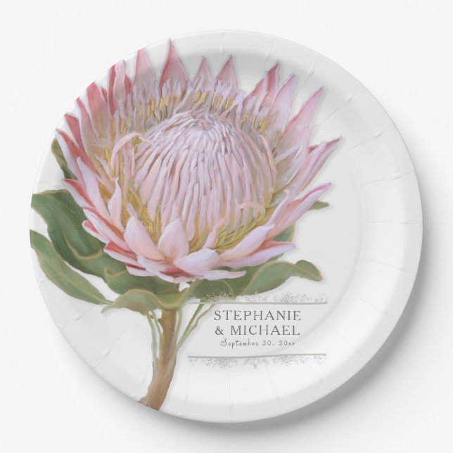 Assiettes En Carton Fleur rose florale moderne de Protea de partie de (Devant)