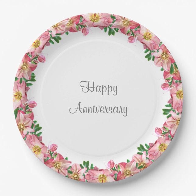 Assiettes En Carton Fleur rose sur blanc Bonne Anniversaire (Devant)