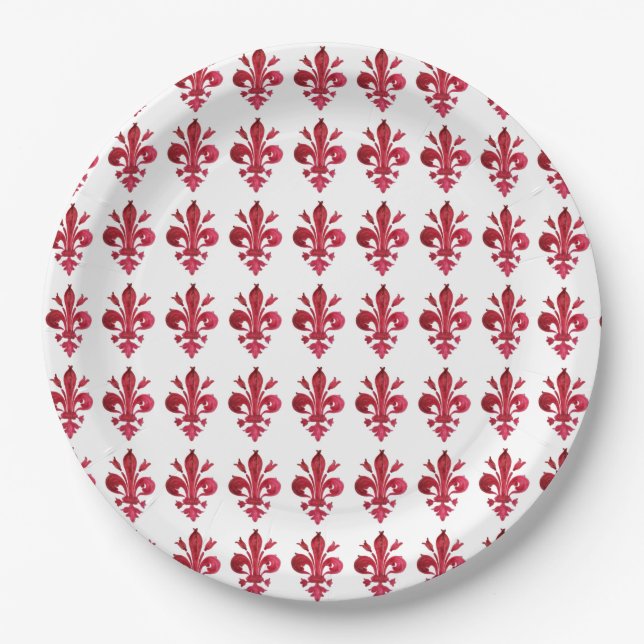 Assiettes En Carton FLEUR ROUGE ANTIQUE DE LIS DANS MOtif Floral BLANC (Devant)