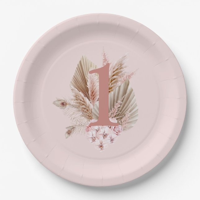 Assiettes En Carton Fleur sauvage 1er anniversaire fille rose (Devant)