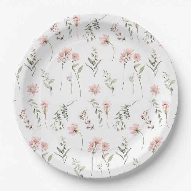 Assiettes En Carton Fleur sauvage aquarelle rose et vert sauge (Devant)
