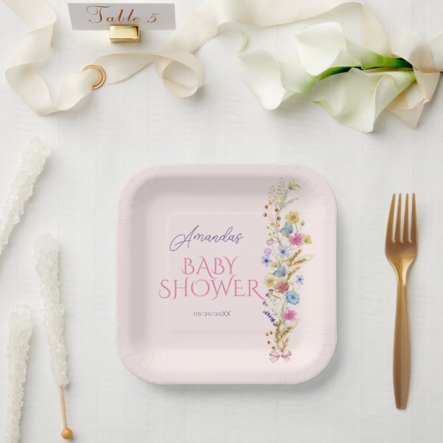 Assiettes En Carton Fleur sauvage bébé fille douche rose (Mariage)