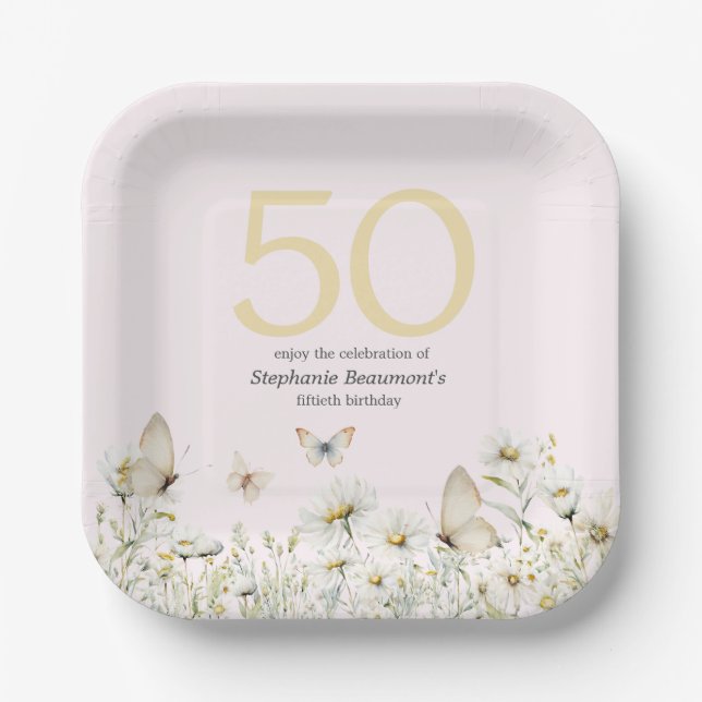 Assiettes En Carton Fleur sauvage blanc de femme simple 50e anniversai (Recto)