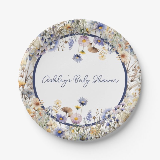Assiettes En Carton Fleur sauvage bleu Boho Baby shower personnalisé (Devant)