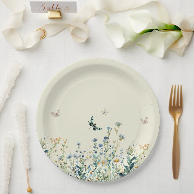 Assiettes En Carton Fleur sauvage bleu et vert (Mariage)