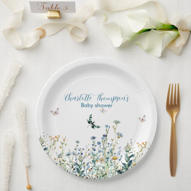 Assiettes En Carton Fleur sauvage bleu et vert (Mariage)