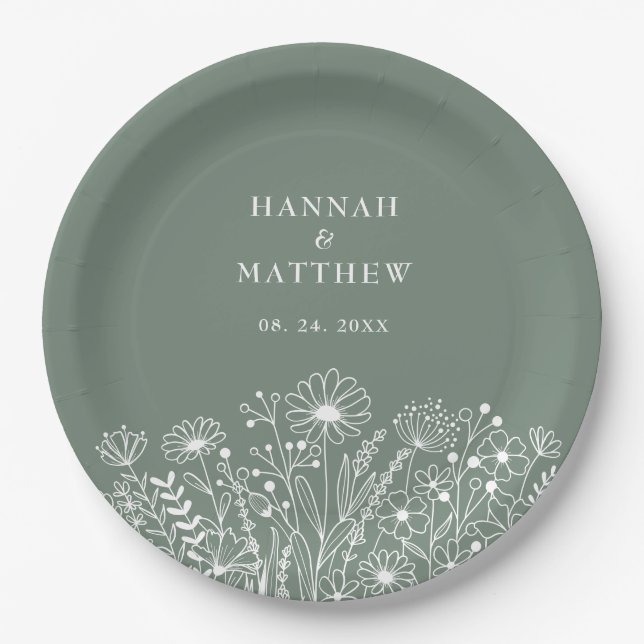 Assiettes En Carton Fleur sauvage Boho Sage Green Mariage (Devant)