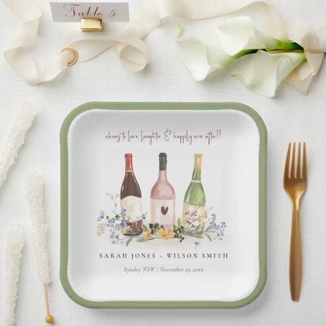 Assiettes En Carton Fleur sauvage Cheers to Love Wine Bottts Mariage (Mariage)