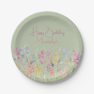 Assiettes En Carton Fleur sauvage d'aquarelle verte Sage Anniversaire