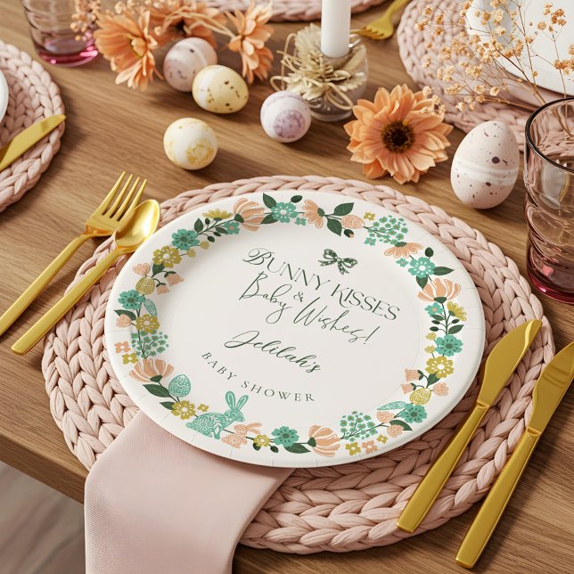 Assiettes En Carton Fleur sauvage de printemps Easter Bunny Baby showe (Spring Wildflower Easter Bunny Baby Shower Bow Paper Plates)