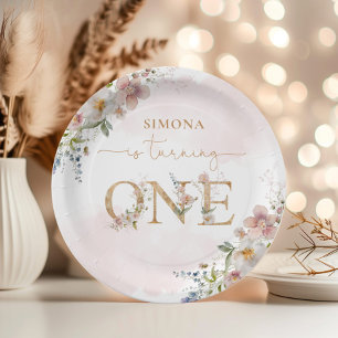Assiettes En Carton Fleur sauvage fille 1er anniversaire bleu rose flo