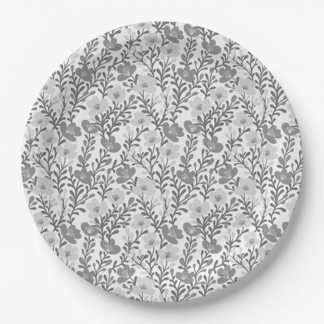 Assiettes En Carton Fleur sauvage Gris fleurit Floral Baby shower pers (Devant)