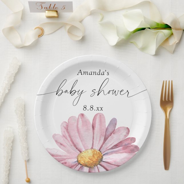 Assiettes En Carton Fleur sauvage marguerite rose - Baby shower (Mariage)