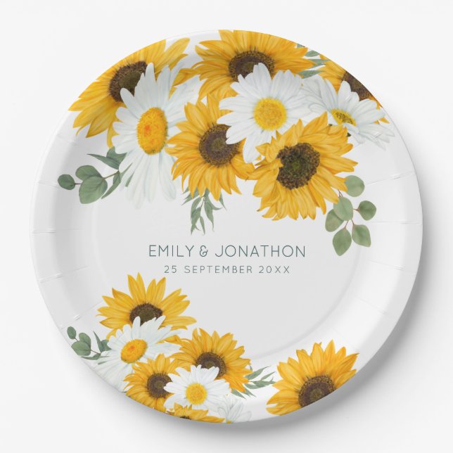 Assiettes En Carton Fleur sauvage rustique Tournesols Noms Date Mariag (Devant)