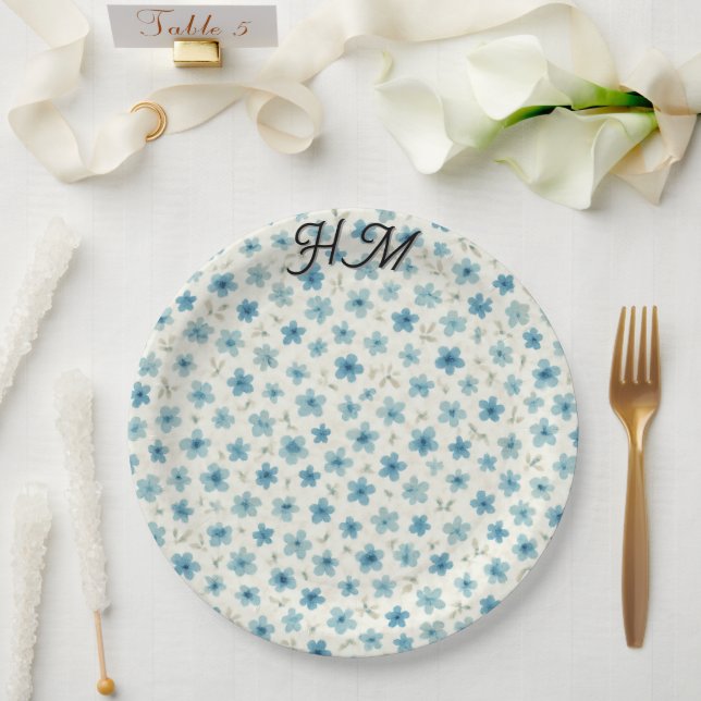 Assiettes En Carton Fleur Simple Bleue Minuscule - Personnaliser (Mariage)
