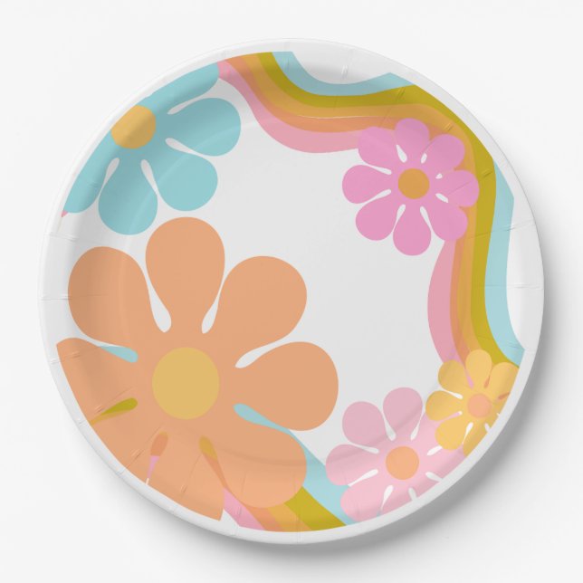 Assiettes En Carton Fleur Super Anniversaire Retro Party les années 70 (Devant)