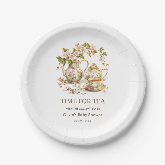 Assiettes En Carton Fleur Teapot Time pour Baby shower de thé (Devant)