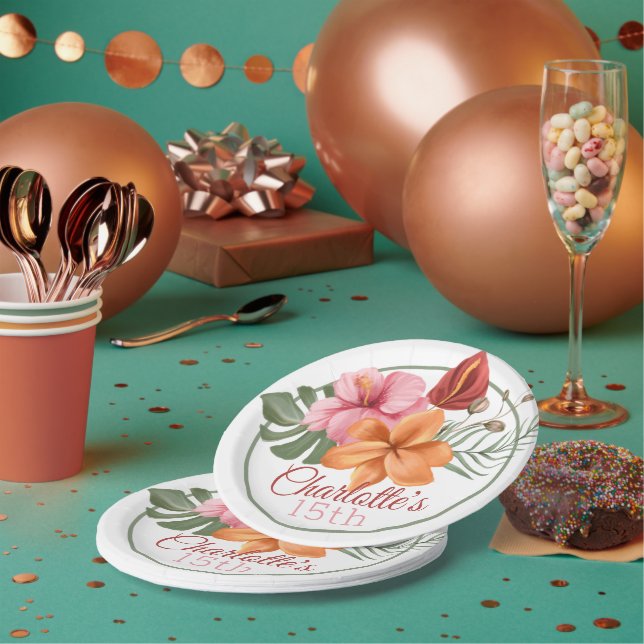 Assiettes En Carton Fleur tropicale personnalisée (Multi)