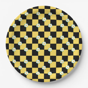 Assiettes En Carton Fleurs à carreaux jaune blanc et noir