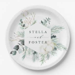 Assiettes En Carton Fleurs à feuillage persistant et coton Elégant Mar