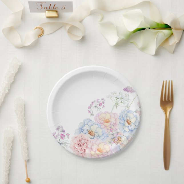 Assiettes En Carton Fleurs à l'aquarelle (Mariage)
