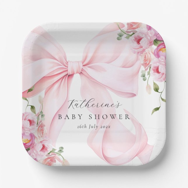 Assiettes En Carton Fleurs à ruban rose  (Recto)