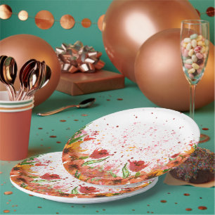 Assiettes En Carton Fleurs Abstraites Modernes Vertes et Orange
