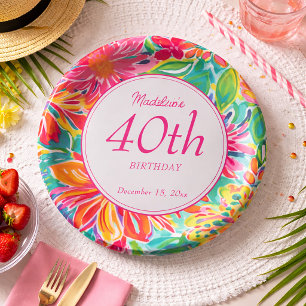 Assiettes En Carton Fleurs Aquarelle Rose Orange Chaud 40ème Anniversa