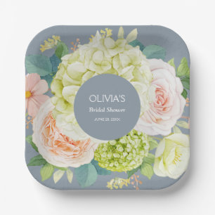 Assiettes En Carton Fleurs aquarelles bleu poussiéreux Baby Shower