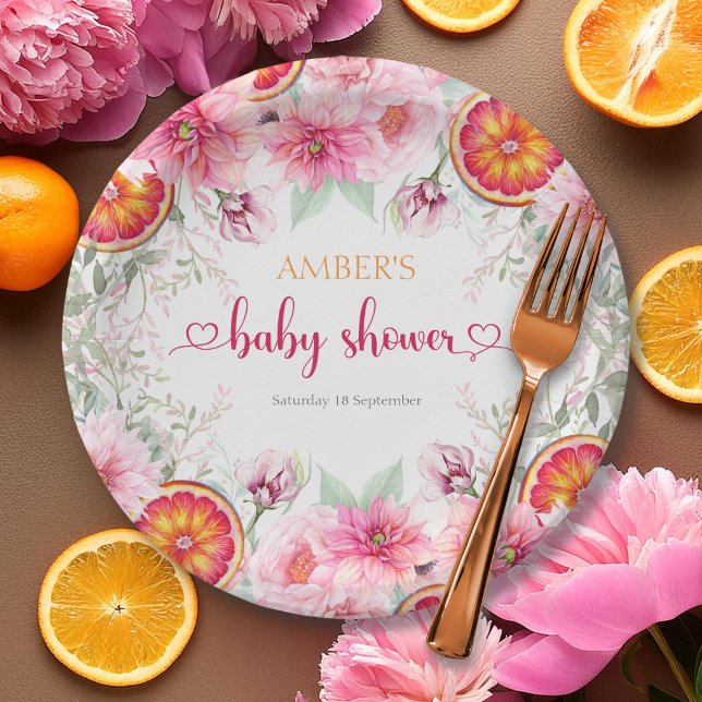 Assiettes En Carton Fleurs aquarelles Citron et Rose Baby Shower (Citrus & Pink Watercolor Flowers Baby Shower Paper Plates)