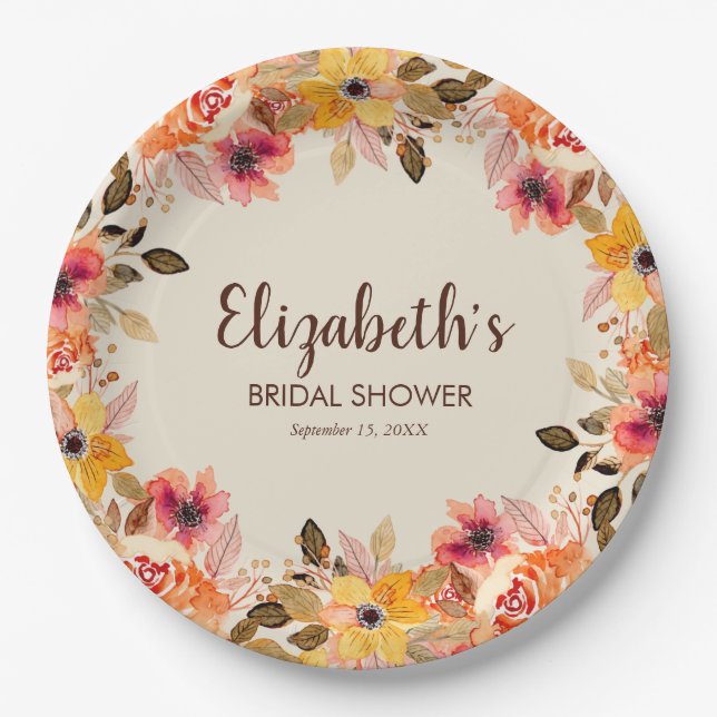 Assiettes En Carton Fleurs aquarelles d'automne Baby Shower (Devant)