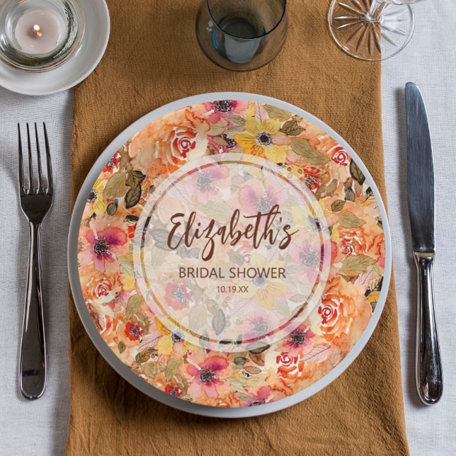 Assiettes En Carton Fleurs aquarelles d'automne Enterrement de vie de  (Autumn Watercolor Flowers Bridal Shower Paper Plates)