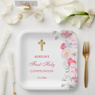 Assiettes En Carton Fleurs aquarelles Première communion