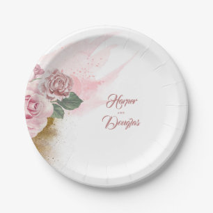 Assiettes En Carton Fleurs aquarelles rose poussiéreux et paillettes d