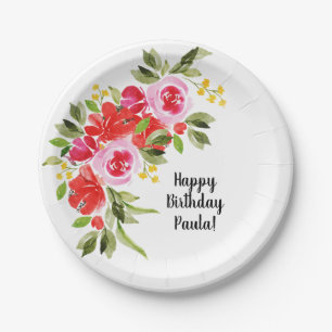 Assiettes En Carton Fleurs aquarelles rose rouge
