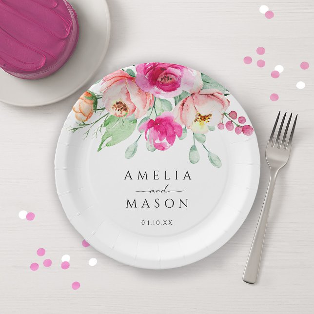 Assiettes En Carton Fleurs aquarelles rose vif et pêche pour mariage (Hot Pink and Peach Watercolor Flowers Wedding Paper Plates)