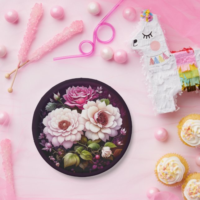 Assiettes En Carton Fleurs aquarelles roses et violettes (Fête)