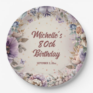 Assiettes En Carton Fleurs aquarelles violettes 80e anniversaire