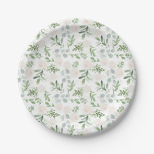 Assiettes En Carton Fleurs blanches à l'aquarelle et feuilles de verdu