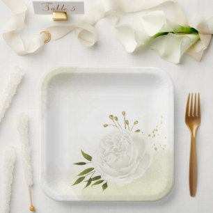 Assiettes En Carton Fleurs blanches boho feuilles vertes botanique