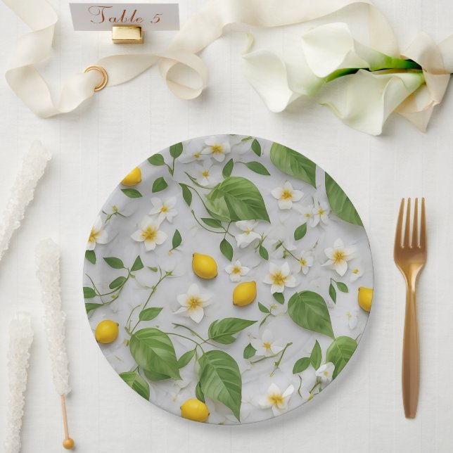 Assiettes En Carton Fleurs blanches Citrons Vert Feuille Motif sur bla (Mariage)