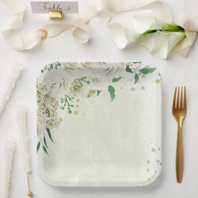 Assiettes En Carton Fleurs blanches d'ivoire mariage (Mariage)